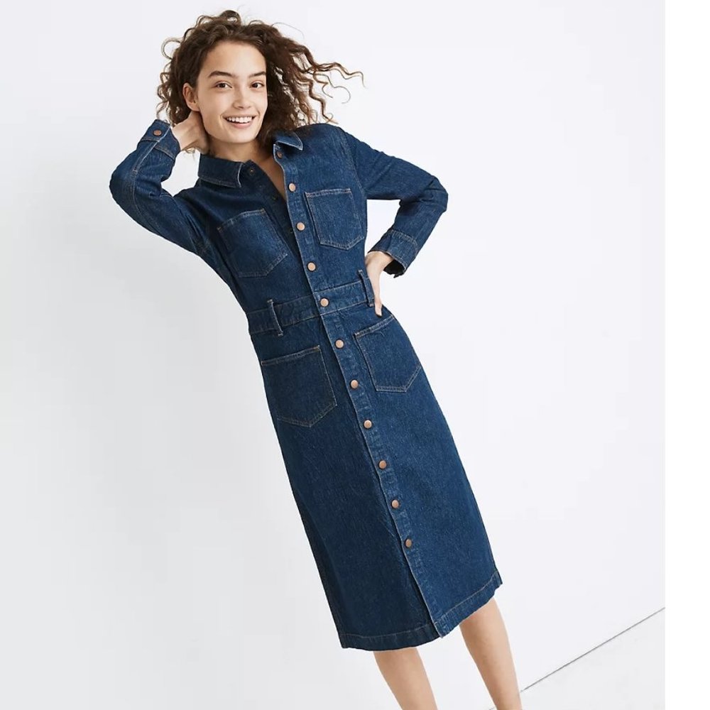 Denim Snap-Front Midi Shirtdress in Everthorpe Wash